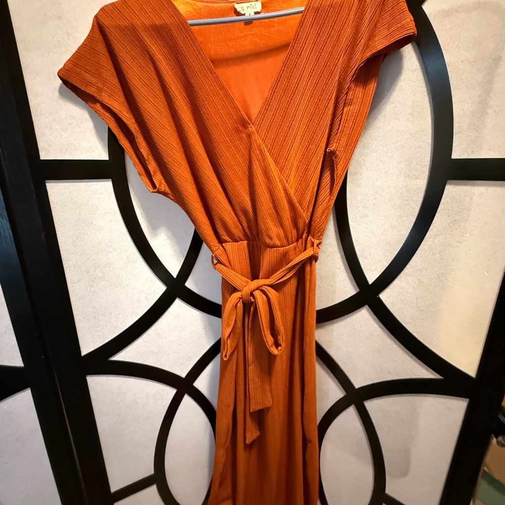Elegant Rust Orange Faux Wrap Dress